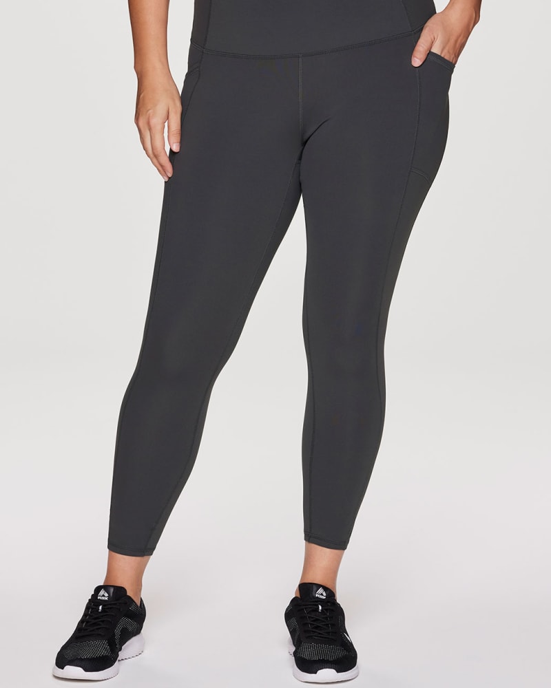 Front of a model wearing a size 3X Plus Tech Flex Ultra Hold Legging in Charcoal by RBX Active. | dia_product_style_image_id:316670